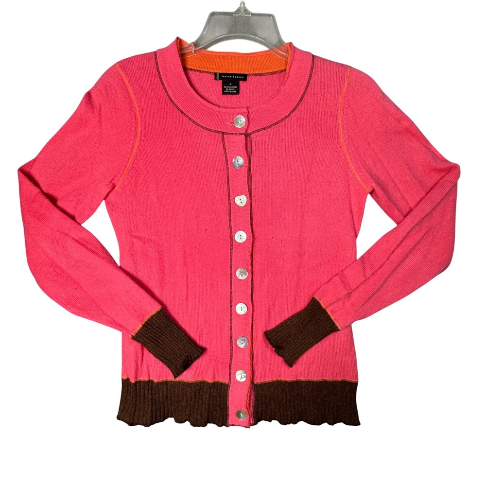Lauren Hansen 100% Cashmere Cardigan Pink Brown Heart Button Small S Coquette